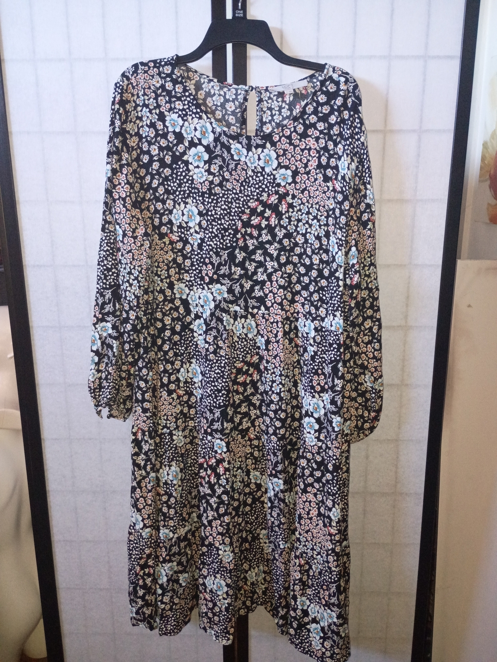 LOFT Black Floral Long Sleeve Tiered Dress